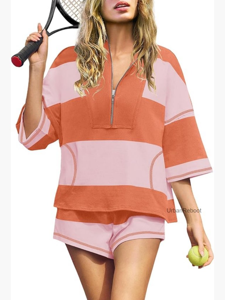 Women's Striped Lounge Set - Tank Top & Shorts With Pockets 2 Piece Workout